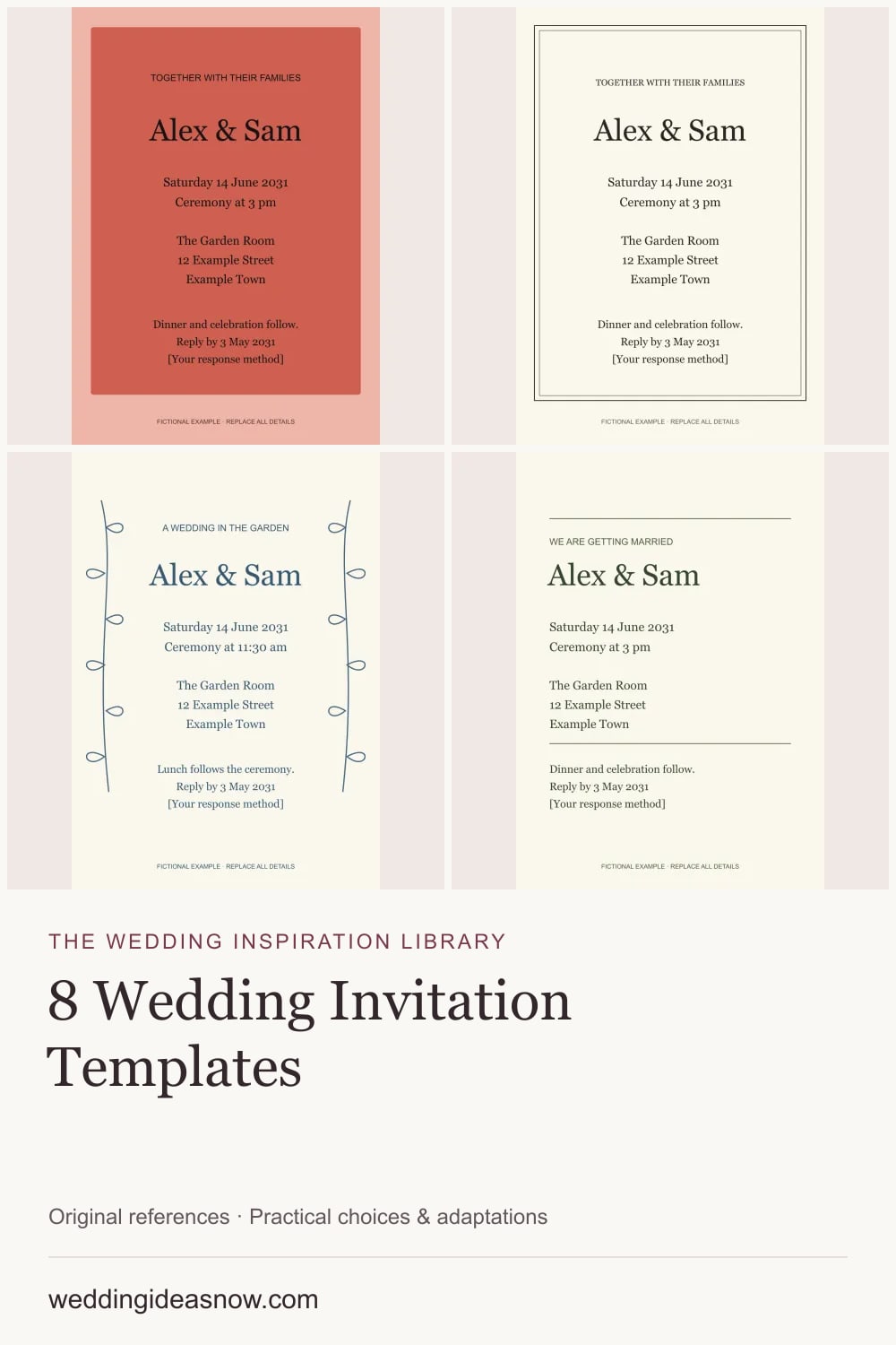 8 original wedding references from Wedding invitations: eight designs and a production plan. Cover shows 4 ideas included in this guide.