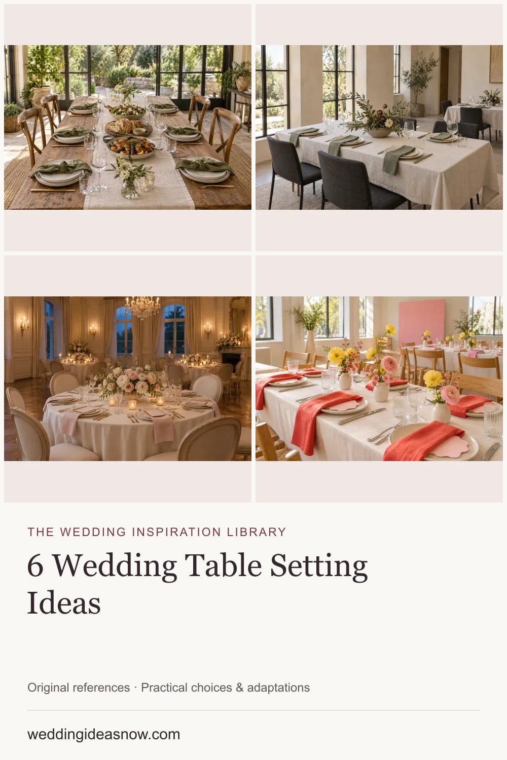 6 original wedding references from Wedding table settings: build a beautiful place to sit. Cover shows 4 ideas included in this guide.