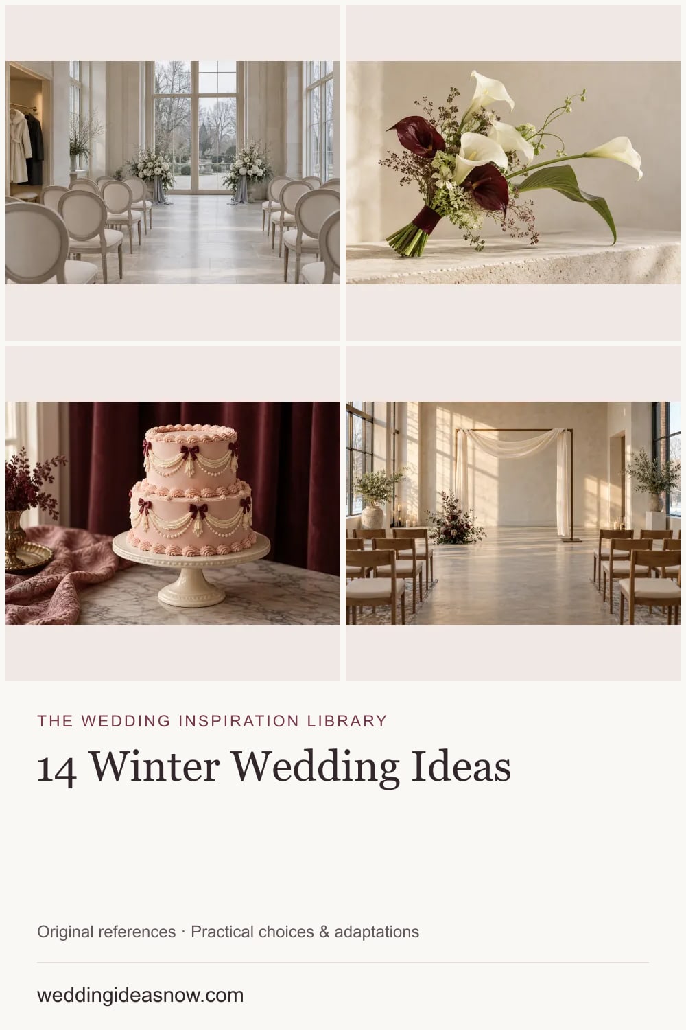 14 original wedding references from A winter wedding in warm light and rich, tactile layers. Cover shows 4 ideas included in this guide.